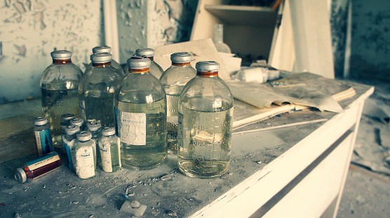 Bottles of medicine left behind when the town was deserted on 27 April 1986.
Abandoned everyday life in Pripyat, Ukraine
