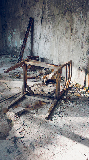 Broken seat left in hallway when the town was deserted on 27 April 1986.
Abandoned everyday life in Pripyat, Ukraine