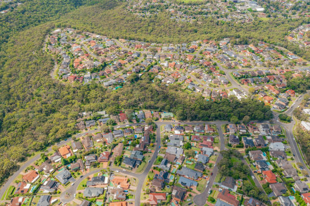 Aerial view of the suburb of Menai in Sutherland Shire, Sydney, Australia stock photo