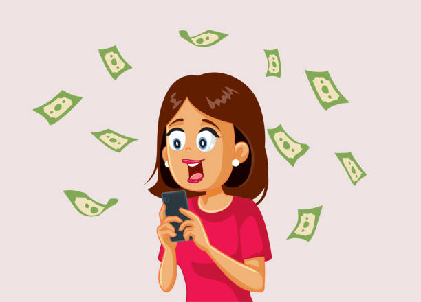 istock Cheerful Woman Holding Smartphone Surrounded by Money Vector Cartoon 1386609525