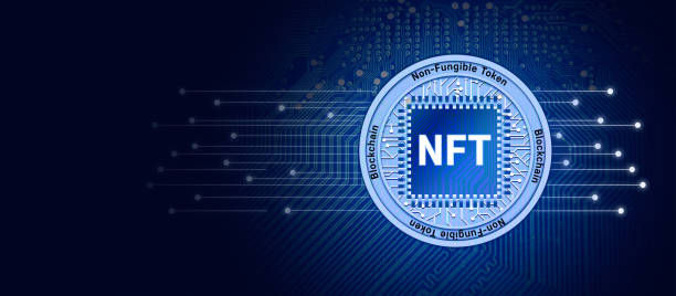 Laptop with NFT concept image screen on white background. NFT non-fungible token. Technology abstract. NFT concept stock photo