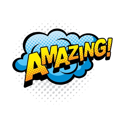 Amazing comics bubble isolated vector icon. Cartoon pop art retro sound cloud of blue color, blast explosion with halftone pattern and typography. Exclamation boom bang half tone sign