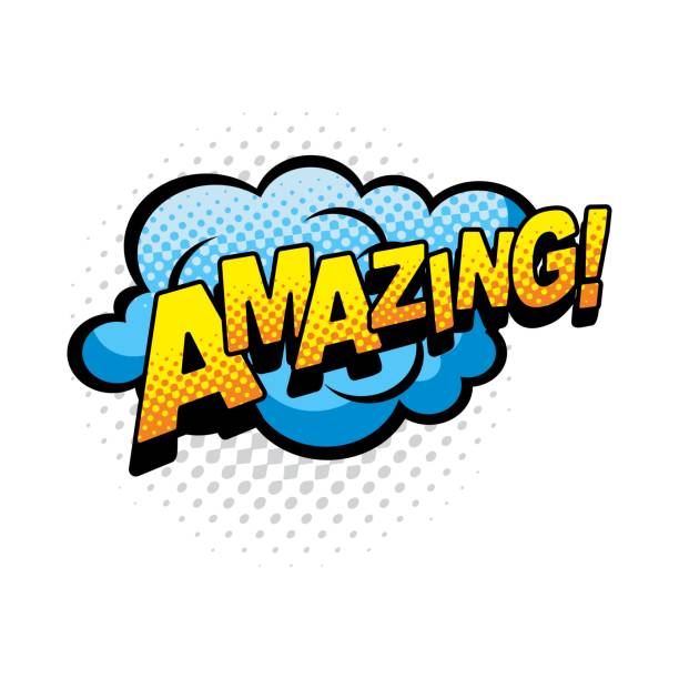 Amazing comics bubble isolated vector icon, sign Amazing comics bubble isolated vector icon. Cartoon pop art retro sound cloud of blue color, blast explosion with halftone pattern and typography. Exclamation boom bang half tone sign magnificence stock illustrations