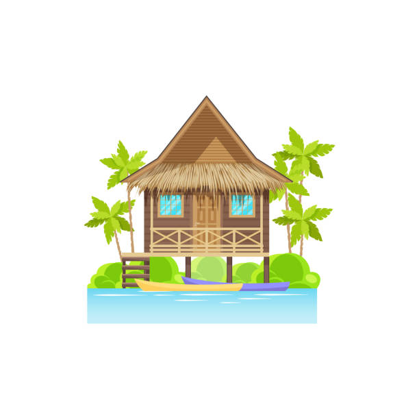 야자수가 있는 물 위에 있는 방갈로 목조 주택 - bora bora polynesia beach bungalow stock illustrations