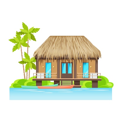 Tropical wooden house on water on seaside of island at sea or ocean beach, river cost with canoe boats, bungalow with balcony pier. Building at seashore or seaside, home at paradise, palm trees