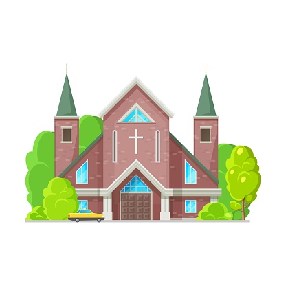 Catholic or evangelical church isolated religion architecture. Vector medieval cathedral, steeple tower to hold wedding and funeral ceremonies, facade exterior design, trees. Easter holiday church