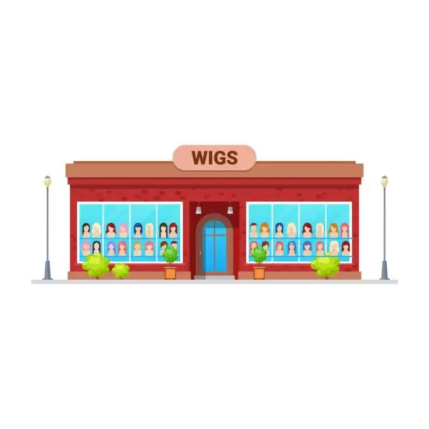 Vector illustration of Shop or store of wigs, woman hair salon building