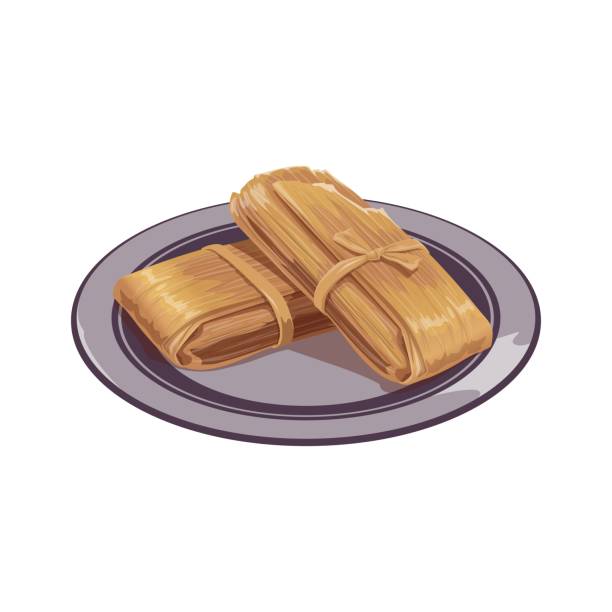 Wrapped tamale filled with fruit, chicken isolated Fruit tamale wrapped dessert on plate isolated traditional mexican food. Vector wrapped tamales oaxaquenos filled with mole negro and chicken. Masa or corn-based dough steamed in corn husk tamales stock illustrations