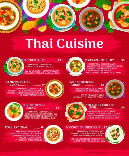 Vector illustration of Thai cuisine restaurant meals and dishes menu