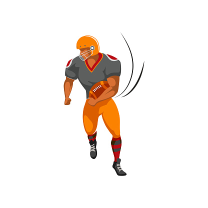 Quarterback american football player running back, vector character. American football sport team halfback, tailback or fullback receiver with ball in action