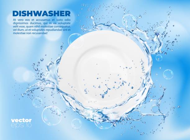 illustrazioni stock, clip art, cartoni animati e icone di tendenza di piatto pulito con spruzzi d'acqua e bolle di sapone - plate blue dishware white