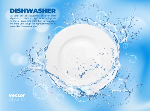 czysta płyta z rozpryskami wody i bańkami mydlanymi - plate blue dishware white stock illustrations