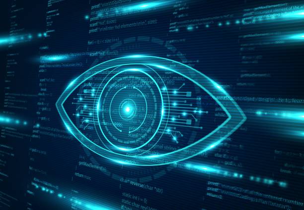 Cyber spy technology, virtual eye internet control Cyber spy technology, virtual eye of internet control surveillance and digital invigilation vector background. Cyber espionage and global security, futuristic tracking and online surveillance forward athlete stock illustrations