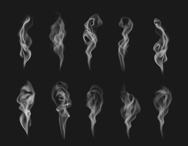 Cigarette smoke or steam realistic vector effect Cigarette smoke or steam realistic vector effect of white haze, mist, fog or marijuana vapor fume on black background. 3d transparent clouds, wave flows and smooth streams of cigarette or hookah smoke fumes stock illustrations