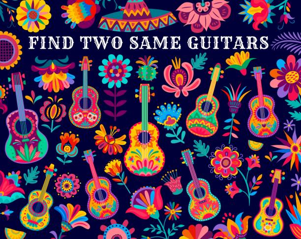 Find two same Mexican guitars, kids game riddle Find two same Mexican guitars, kids game riddle vector worksheet. Children find similar puzzle or board game with cartoon Mexican guitars and sombreros in alebrije paper craft and flowers mexico people stock illustrations