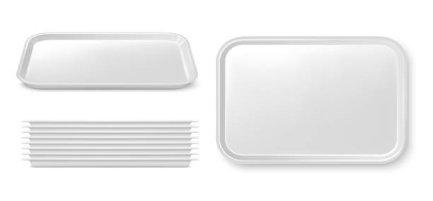 Realistic isolated plastic food trays or platters Realistic isolated plastic food trays, serving platters or plates 3d vector. Empty white plastic tray mockup and stack. Fast food restaurant, cafeteria, cafe or catering service dishware tray stock illustrations