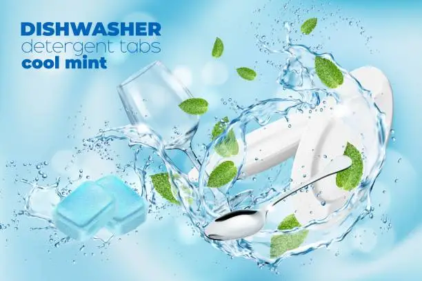 Vector illustration of Dishwasher detergent cool mint tablets promo ads