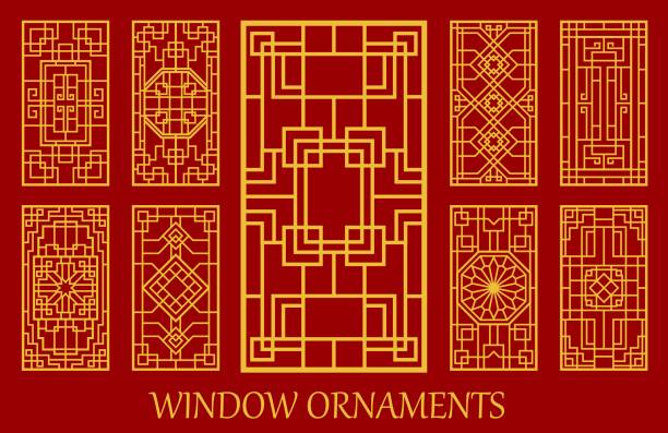 Asian ornament, Korean, Chinese, Japanese patterns Asian window and door ornaments, Korean, Chinese and Japanese patterns, vector golden frames. Asian geometric style, ancient oriental house art for window grid, interior ornaments and wood decor octagon house stock illustrations