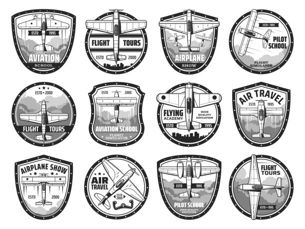 illustrations, cliparts, dessins animés et icônes de ensemble vectoriel d’icônes de spectacle de voyages aériens et d’avions - airplane biplane retro revival old fashioned