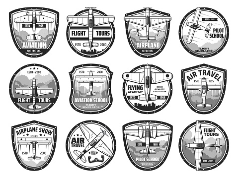 Air travel and airplane show icons set. Aviation school, flying academy and historic aircraft show emblem or badge. Retro monoplane flying in sky, vintage biplane plane and propeller aircraft vector