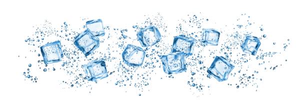 ilustraciones, imágenes clip art, dibujos animados e iconos de stock de cubitos de hielo realistas y salpicaduras de gotas de agua, skinali - blue transparent cold cube