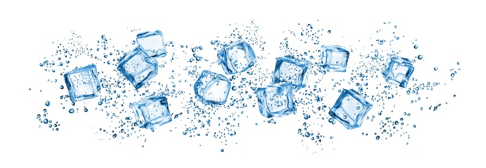 Realistic ice cubes and blue water drop splash, kitchen skinali background. Isolated vector iced crystal blocks, transparent 3d pieces of blue frozen water. Panoramic scene for glass panel, wallpaper