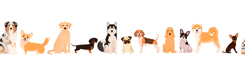 Seamless border with dogs on a white background. Cartoon design.