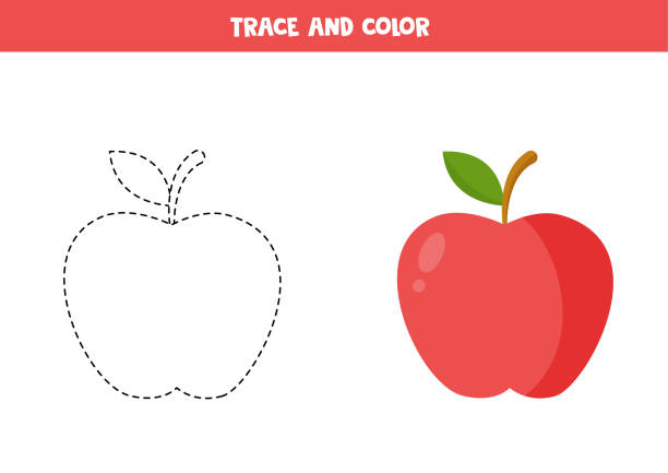 Trace and color cute red apple. Worksheet for children. Trace and color cartoon red apple. Worksheet for children. heathy stock illustrations