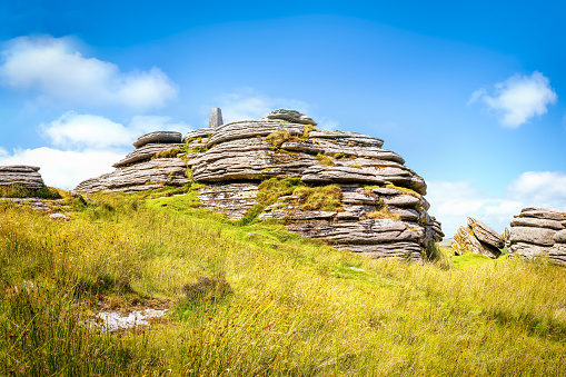 Bellever, United Kingdom - August 7, 2016: Panoramic view of Bellever Tor in Dartmoor national park in southwest England