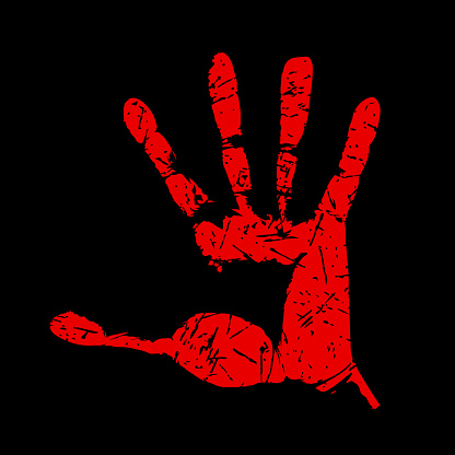 Open red hand imprint on black