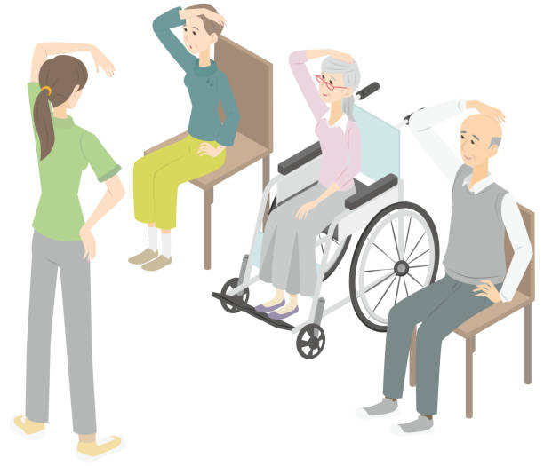 isometrisch, wo ältere männer und frauen mit dem mitarbeiter der einrichtung sitzen und sich strecken - men chair wheelchair sport stock-grafiken, -clipart, -cartoons und -symbole