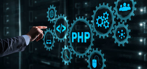 l'uomo d'affari sta premendo sullo schermo virtuale php - php foto e immagini stock