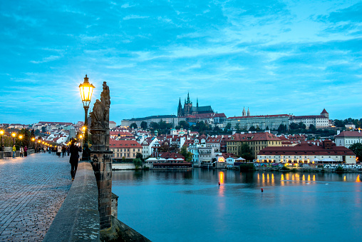 High castle and Charles Bridge in early morning, Prague