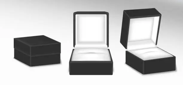 Vector illustration of set of realistic black velvet isolated or gift jewelry box or close up empty jewelry boxes. eps vector