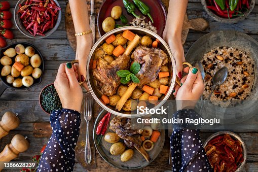 istock A plate of grilled lamb with iç pilav, small plates, carrots. Tandır kebabı 1386628239
