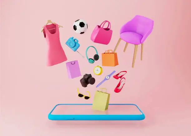 Photo of Online shopping  on smartphone .  shopping items and mobilephone floating on pink background . digital marketing  concept.  3d rendering