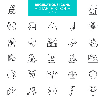 Legal System, Documents Icon Set. Law and justice line icon set. Editable stroke.