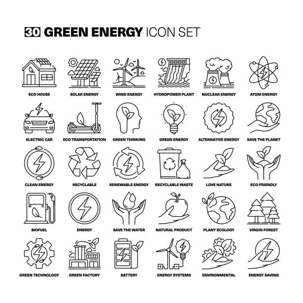 Green Energy Line Icons Set vector art illustration