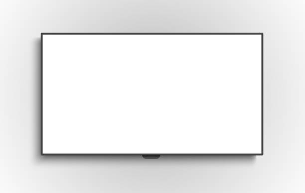 istock 4K TV flat screen lcd or oled, plasma, realistic illustration, White blank monitor mockup. wide flatscreen monitor hanging on the wall 1386635671
