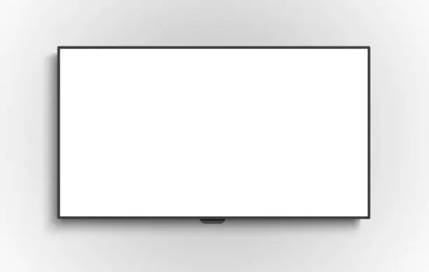 Vector illustration of 4K TV flat screen lcd or oled, plasma, realistic illustration, White blank monitor mockup. wide flatscreen monitor hanging on the wall