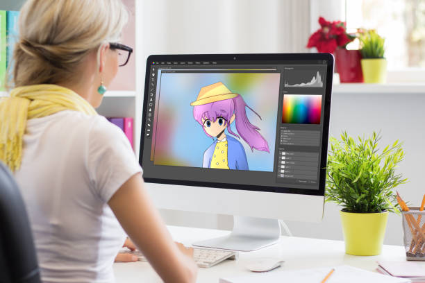 animator, der ein porträt in einer bildbearbeitungssoftware zeichnet - computer monitor computer women graphic designer stock-fotos und bilder