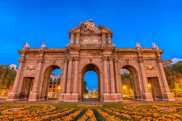 istock Madrid Spain, night city skyline at Puerta de Alcala 1386635872
