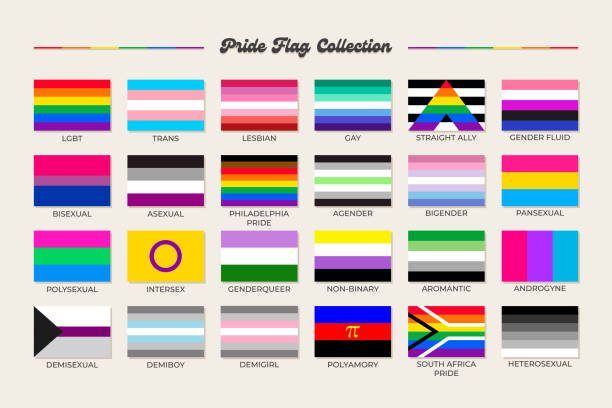 lgbtq+性的アイデンティティプライドフラグコレクション。ゲイ、トランスジェンダー、バイセクシュアル、レズビアンなどの旗プライドコンセプト - gay pride flag点のイラスト素材／クリップアート素材／マンガ素材／アイコン素材