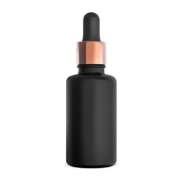 Vector illustration of Black serum dropper bottle. Essential oil eye drop container