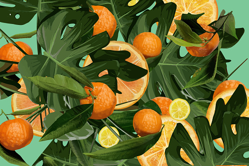 Seamless pattern with delicious oranges, lemons and monster plant