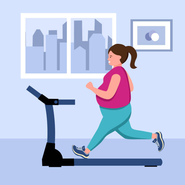 illustrations, cliparts, dessins animés et icônes de femme en surpoids courant sur tapis roulant à la maison pour faire de l’exercice en conception plate. obésité femme jogging pour perdre du poids. - femme transpiration sport