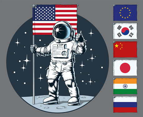 Astronaut with flag stands on moon. Raising the flag on the Moon. Set of flags. Comic book style vector illustration.
