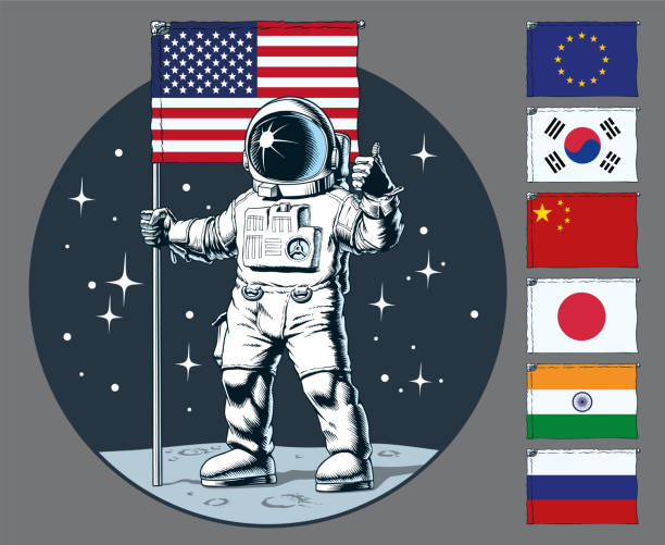 Astronaut with flag stands on moon. Set of flags. Vector illustration. Astronaut with flag stands on moon. Raising the flag on the Moon. Set of flags. Comic book style vector illustration. astronaut stock illustrations