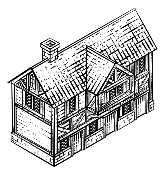 ilustraciones, imágenes clip art, dibujos animados e iconos de stock de mapa de construcción medieval icono ilustración vintage - tudor style house residential structure cottage