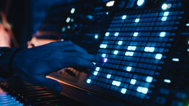 istock Close up of music synthesizer at work 1386643622
